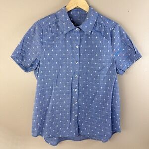 Women's Cotton Blue Pattern Button Down Short Sleeve Casual Boho Vacation
